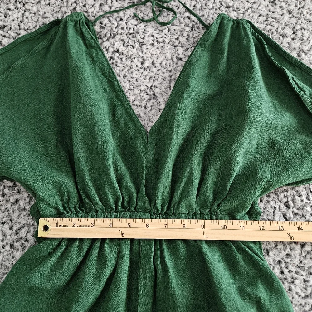 Zara Green Jumpsuit XS Rustic Linen Blend Wide Leg V-Neck Tie Back Short Sleeve